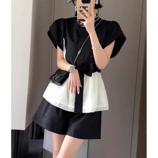 套装 设计感时尚 显瘦短裤 衬衫 两件套D2636 气质收腰蝴蝶结短袖