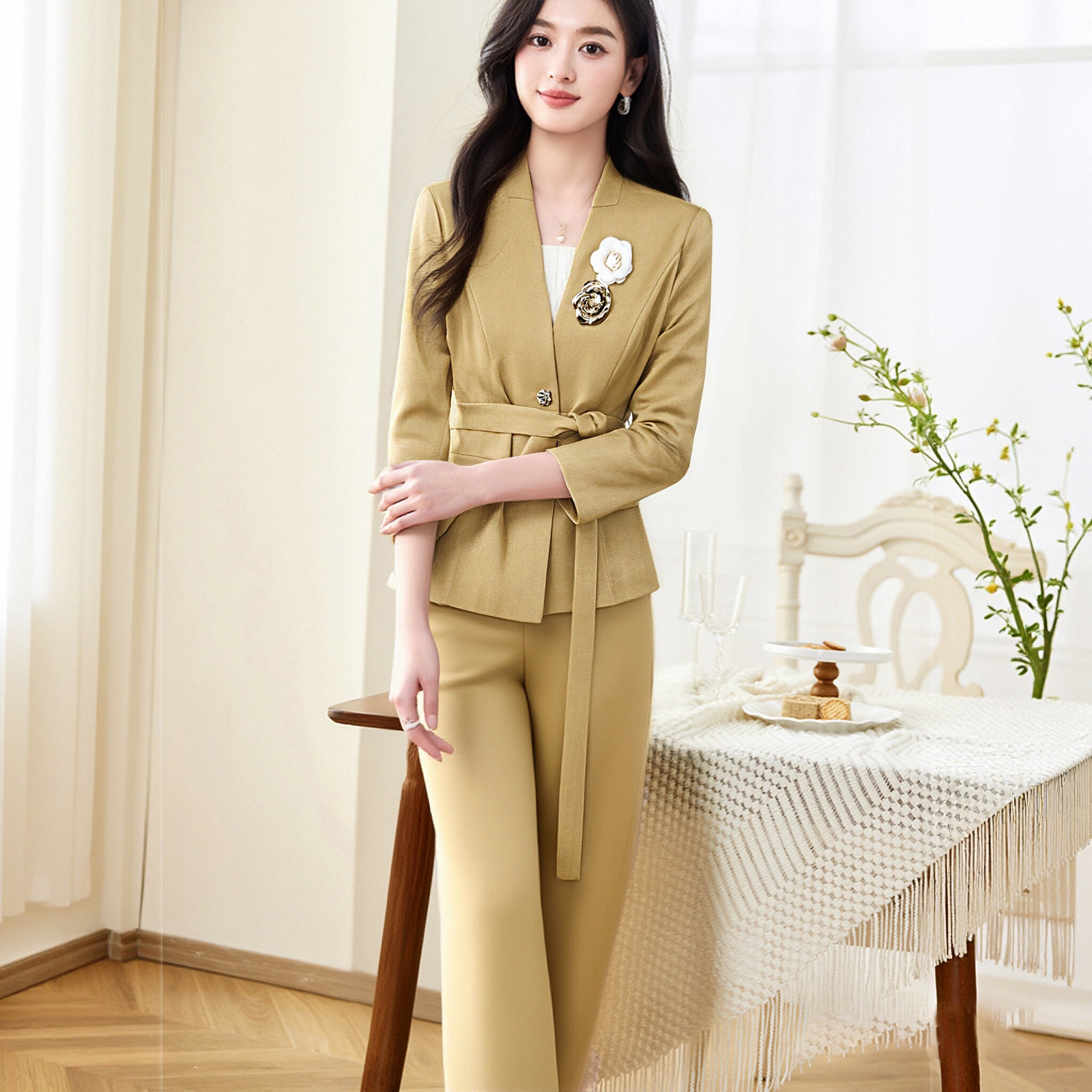 有里布送腰带胸花气质套装2025秋季新款复古外套裤子两件套QJ0109