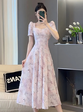 【有里布】粉色碎花显瘦气质时尚复古初恋法式方领连衣裙D1625