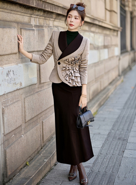 2026秋冬季新款有里布咖色长袖上衣+鱼尾半身裙套装两件套TX0275A