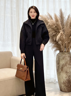 2025冬季新款加绒加厚宽松毛呢短外套阔腿裤套装两件套TX0223A