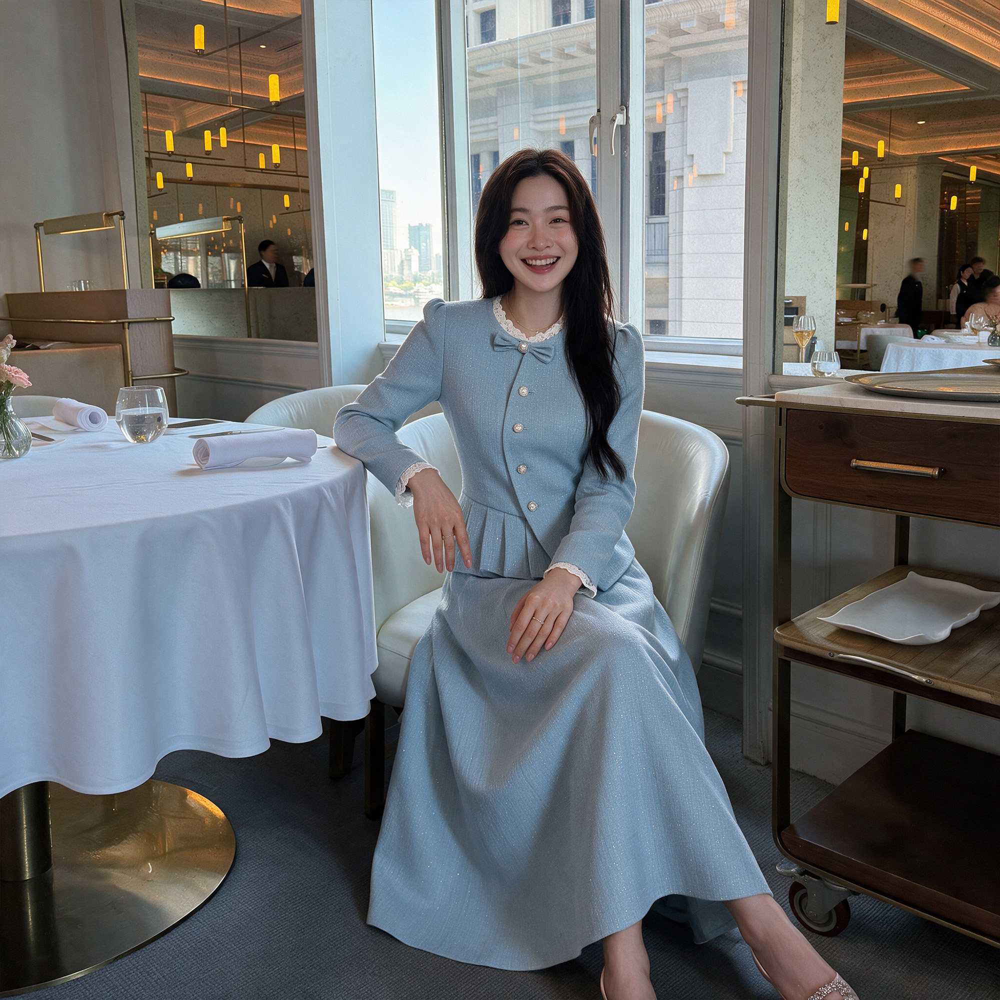 秋季温柔海盐蓝收腰外套百褶裙套装女轻奢优雅风通勤两件套D3767