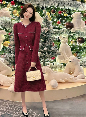 2025秋冬季新款有里布法式高端精致富家小千金气质a字连衣裙D4503