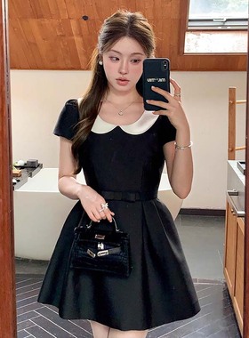 千金风娃娃领短袖收腰连衣裙蝴蝶结miu系小洋裙生日裙D3157