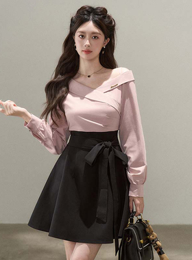 假两件v领斜肩长袖连衣裙女2026春秋高腰显瘦通勤a字短裙D3981