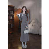 2025秋冬新款 氛围感韩系温柔慵懒假两件打底连衣裙D4461