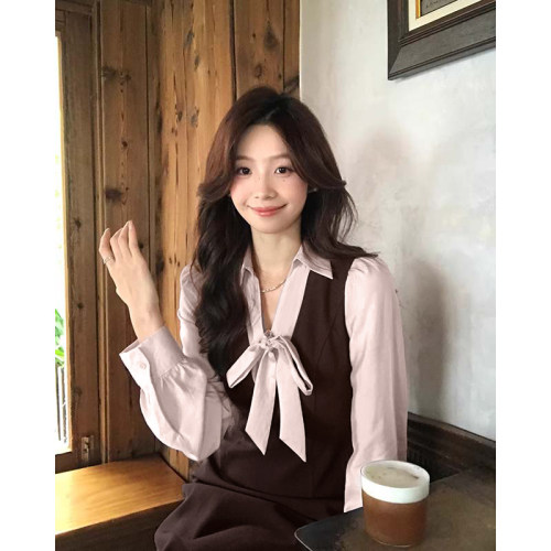 韩系高智感假两件裙子2026春季新款撞色拼接咖色连衣裙D4730