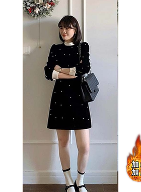 加绒加厚法式复古连衣裙2025冬季新款撞色拼接赫本风小黑裙LJ0264