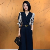 气质通勤条纹拼接高腰系带连体裤 新款 2026春季 女D0522 送腰带