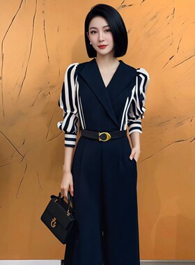 【送腰带】2026春季新款气质通勤条纹拼接高腰系带连体裤女D0522