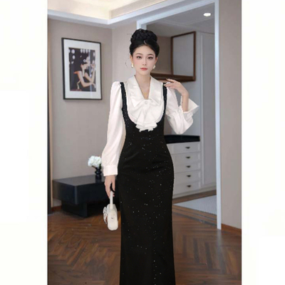 2026春季新款极简风拼接套头减龄背带裙法式时尚气质连衣裙D4875