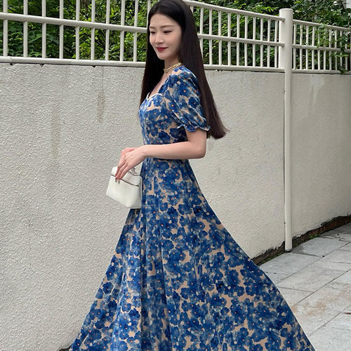 法式时尚印花短袖中长裙2026春新款ins收腰显瘦女装连衣裙子1597