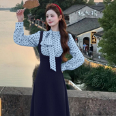 法式 2026春季 新款 圆领蝴蝶结飘带气质拼接假两件连衣裙D4688