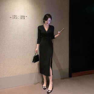 交叉绑带蕾丝边连衣裙2026春秋新款性感微胖掐腰裙长裙D4208