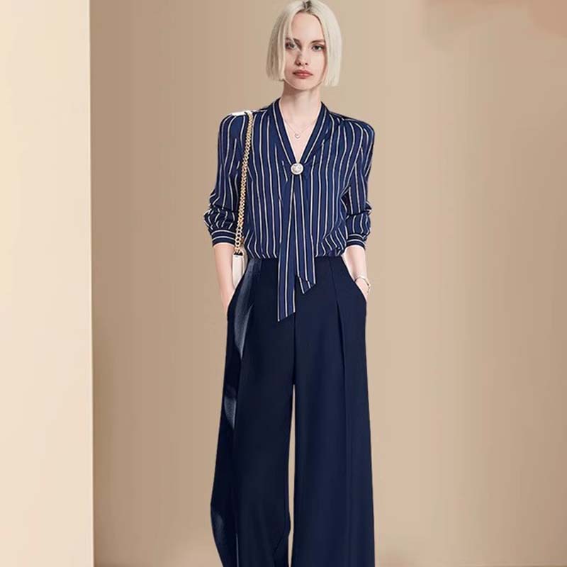 通勤显瘦套装女2025秋季新款条纹衬衫阔腿西装裤两件套D3456