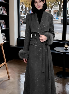 2025秋冬新款有里布送腰带毛呢大衣外套时尚亮闪轻奢风衣TX0190A