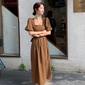 连衣裙修身 设计感夏法式 气质泡泡袖 显瘦方领纯色初恋茶歇裙子6948