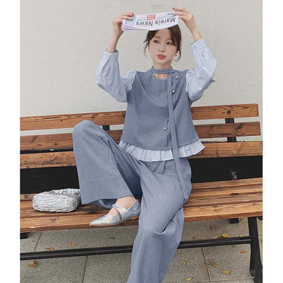 2025秋季新款小香风套装女假两件上衣+阔腿长裤两件套JT0021