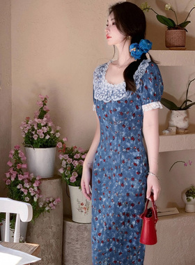 2025新款法式纯欲油画风方领蕾丝拼接连衣裙时尚碎花长裙D2399C