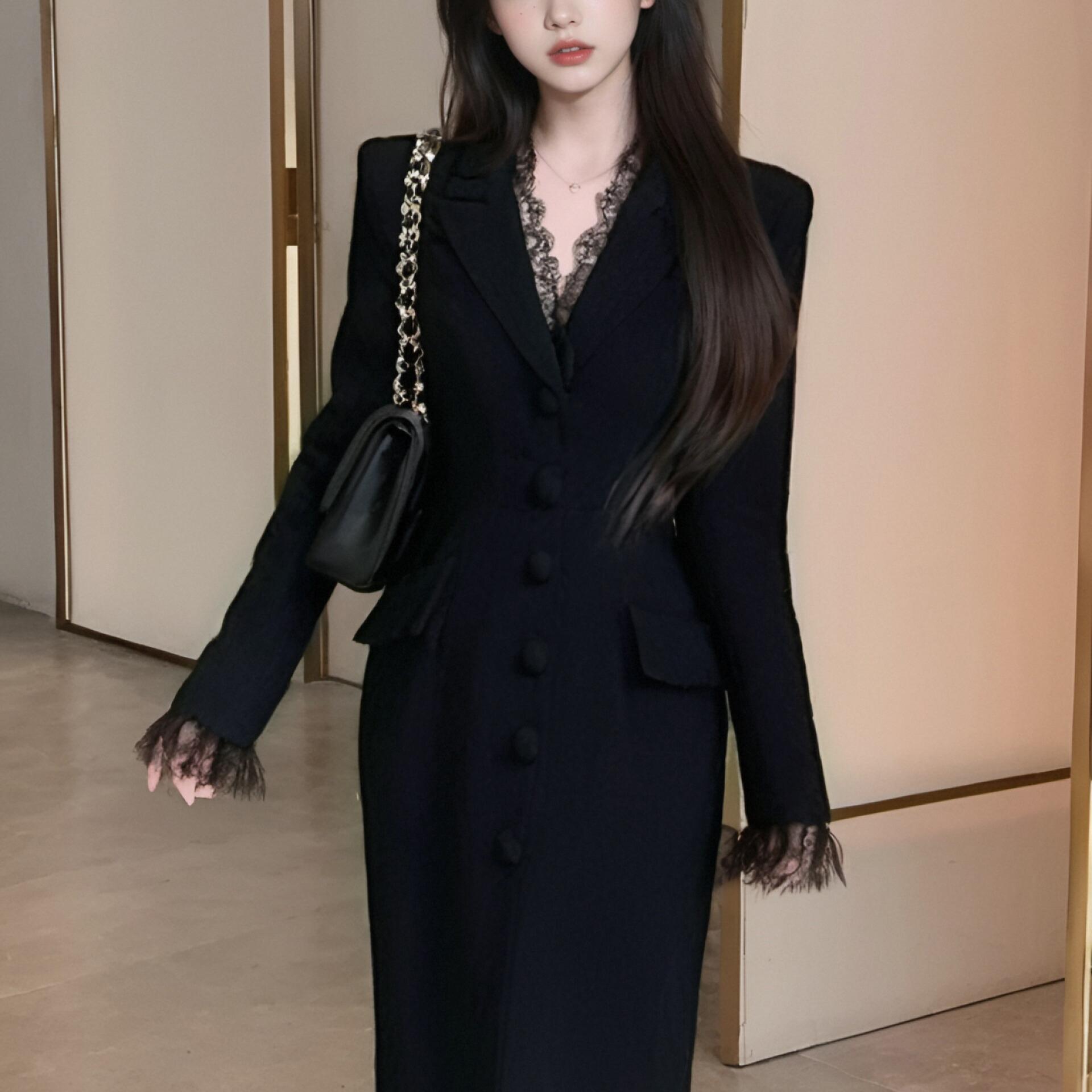 法式赫本风内搭气质晚礼服2025春蕾丝边女高级感小黑裙2366