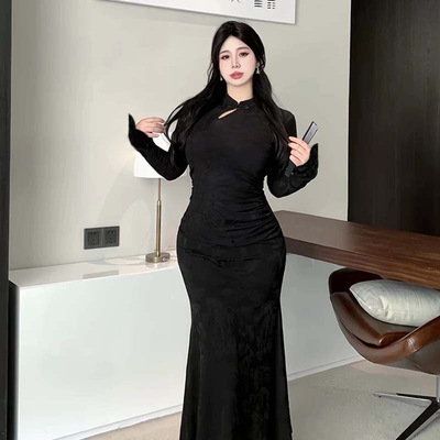 2026春季新款重工大码连衣裙女长袖旗袍新中式气质优雅裙D3275