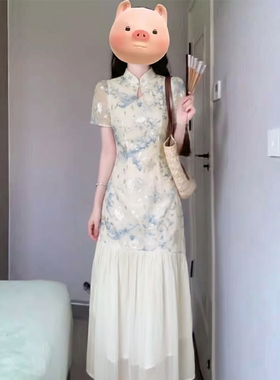 有里布2026夏季新款女新中式国风拼接旗袍连衣裙收腰长裙子D6308