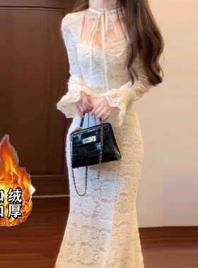 加绒加厚名媛蕾丝假两件裙子2026秋冬季新款气质宴会连衣裙D4137