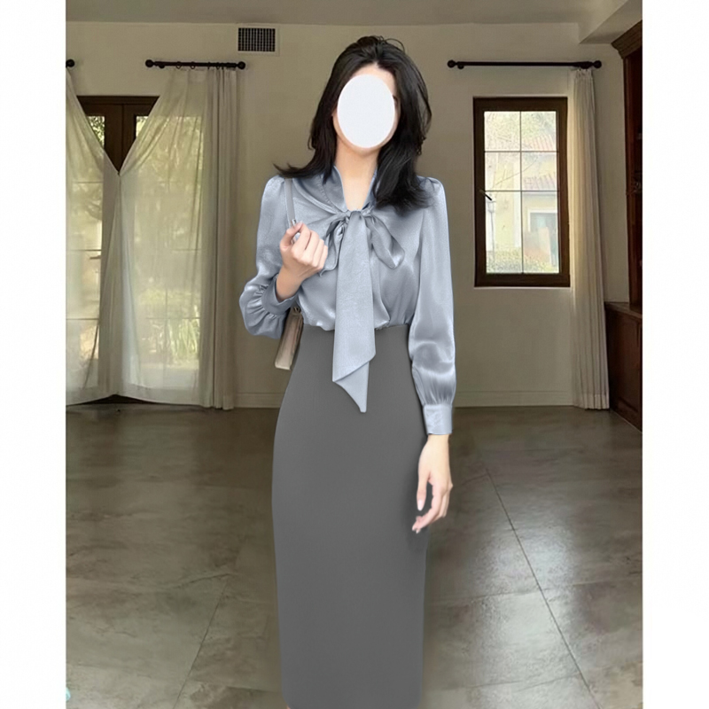 2025秋季新款荷叶边飘带衬衫设计感上衣收腰半身裙两件套装QJ0011