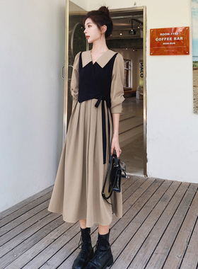 复古长袖假两件连衣裙女2025春季小个子气质显瘦高级感长裙8632