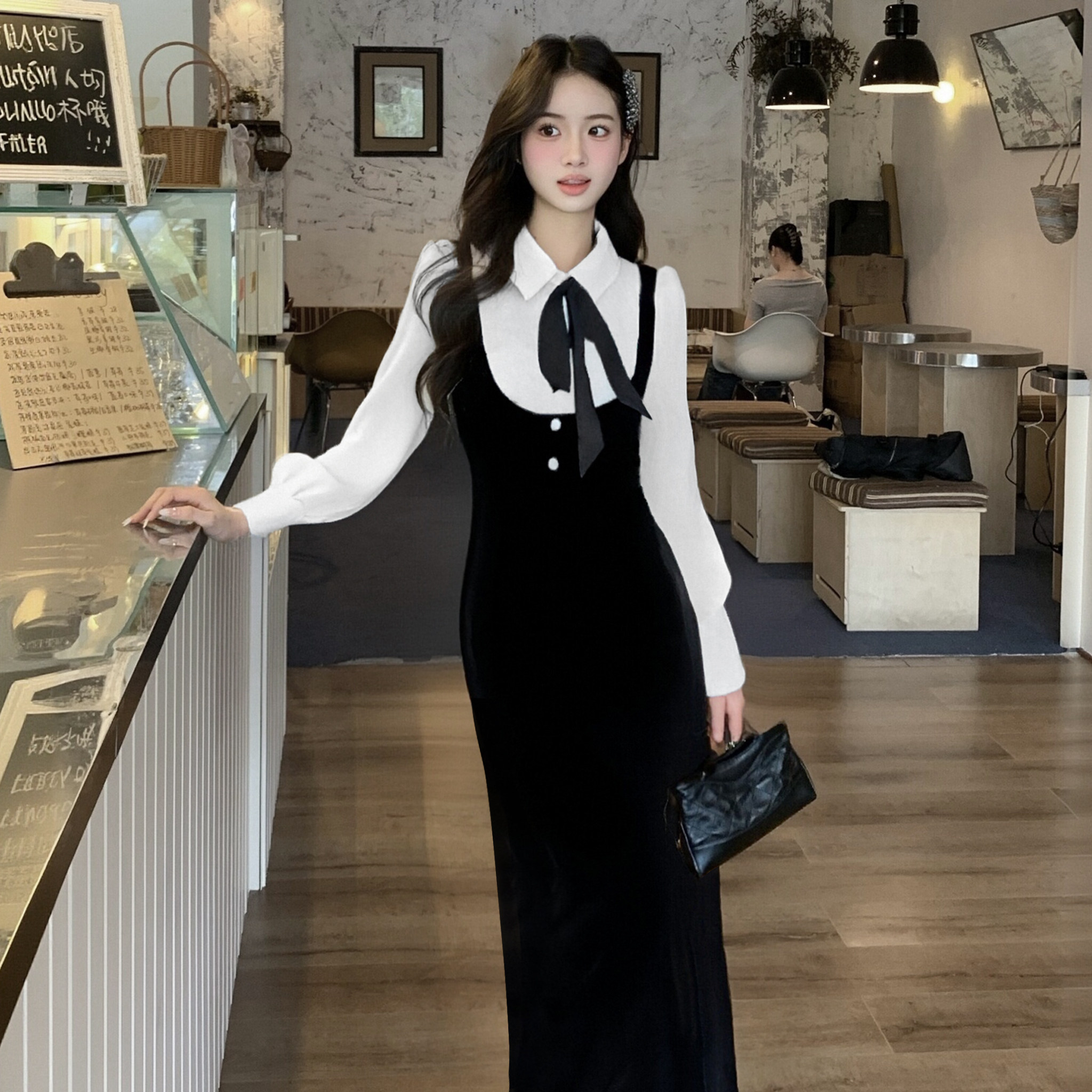 高端名媛连衣裙女2025秋季新款气质高级感收腰显瘦长裙D3722A