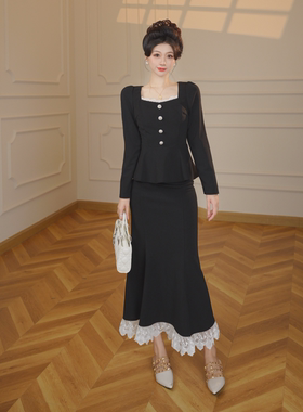 2026秋季新款长袖方领上衣纯欲包臀鱼尾半身裙两件套女DM0014