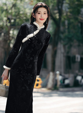 新中式国风旗袍打底裙2025秋冬新款收腰显瘦长款连衣裙D4063A