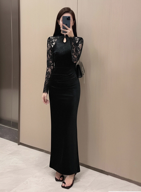 2025秋冬季新款旗袍复古一字扣蕾丝长袖气质时尚打底裙D3953A