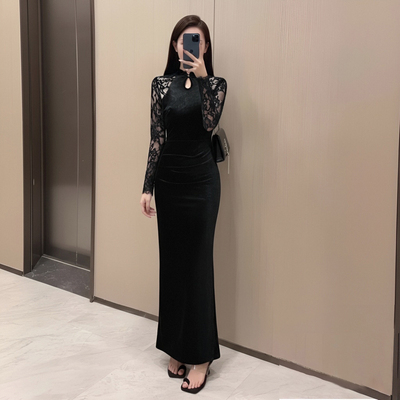 2025秋冬季新款旗袍复古一字扣蕾丝长袖气质时尚打底裙D3953A