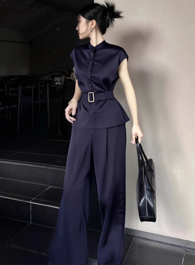 2025新款时尚轻奢清爽慵懒风短袖衬衫+高腰休闲阔腿裤套装D1671C