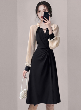 法式高级感收腰显瘦黑色连衣裙2025女神范洋气修身A字裙A8116