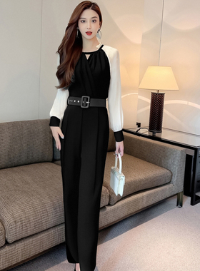2026早秋新款送腰带收腰阔腿长裤女士气质直筒名媛连体裤TX0057
