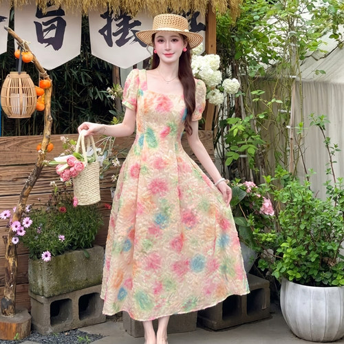 【有里布】夏季新款法式度假风渐变裙子气质修身显瘦连衣裙D7081