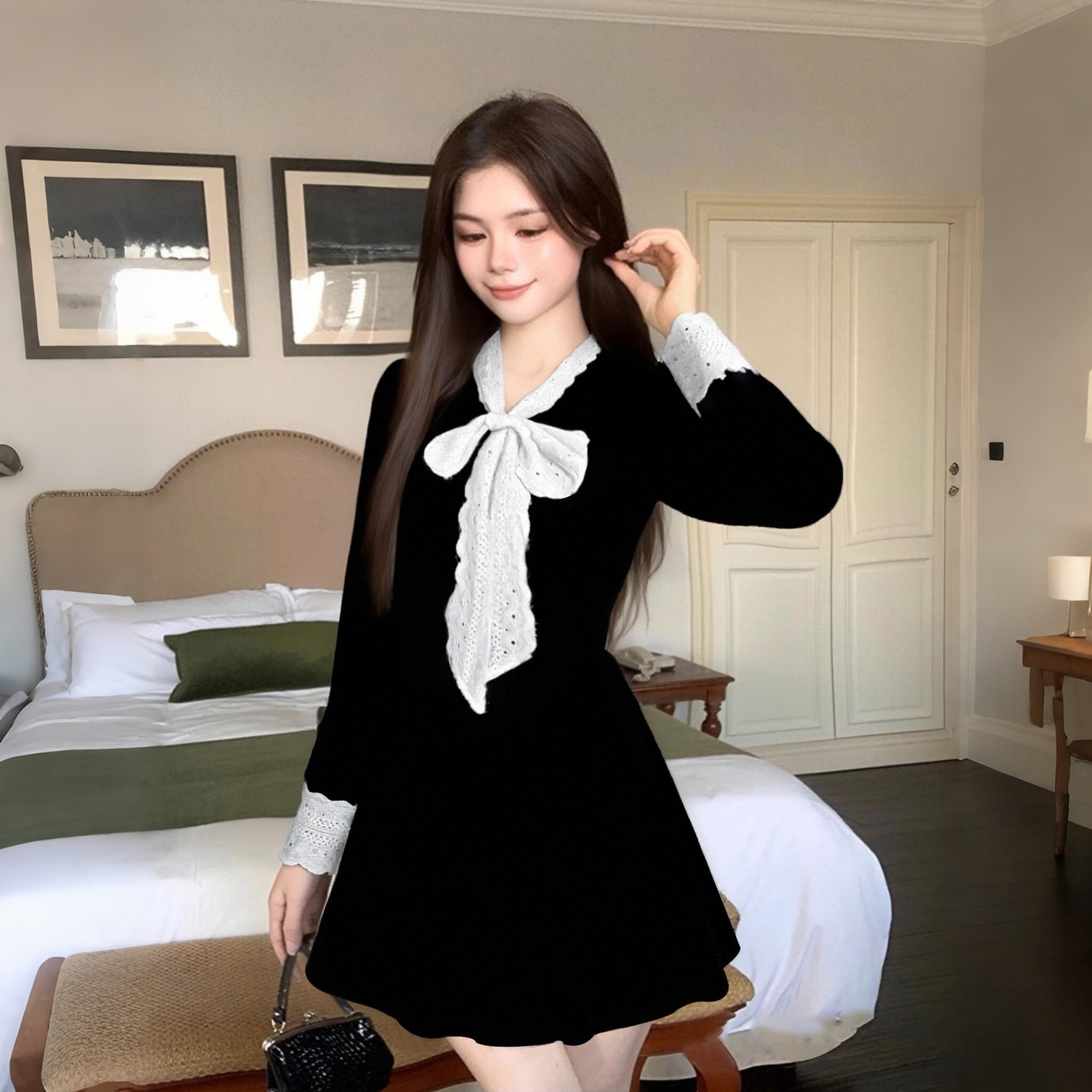 miu系富家千金黑色连衣裙2025秋冬季新款小香风穿搭公主裙QJ0189A
