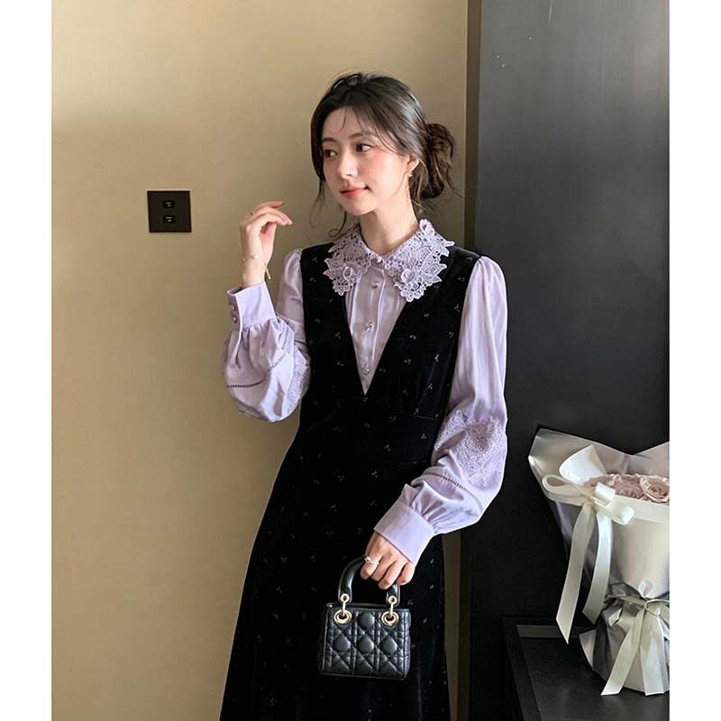 2026秋季法式千金风复古假两件连衣裙女春秋洋气礼服裙子K0086