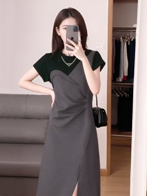 小个子开衩拼接气质显瘦连衣裙2025新款撞色短袖A字收腰裙子1334