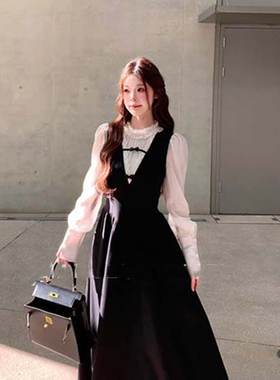 2025秋季新款法式千金风假两件连衣裙蝴蝶结蕾丝网纱拼裙TX0072