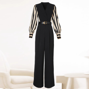 气质通勤条纹拼接高腰系带连体裤 新款 2026秋季 女D0522 送腰带