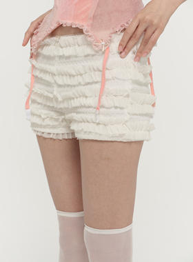 LINY LIBERTY 24SS 设计感木耳花边抽褶松紧腰裤子女包臀短裤