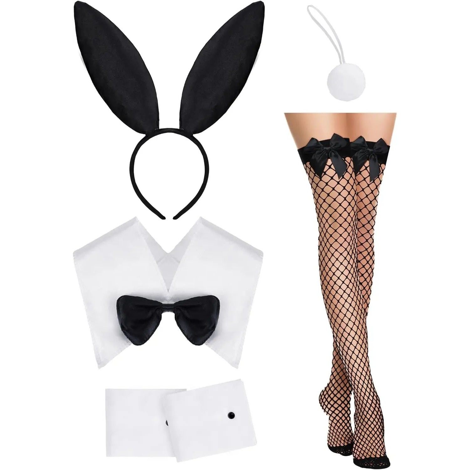 Bunny ears bunny bow tie costume cuffs tail black fishnet so