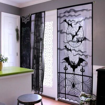 Halloween Black Lace Bat Spider Web Curtain For Door Window