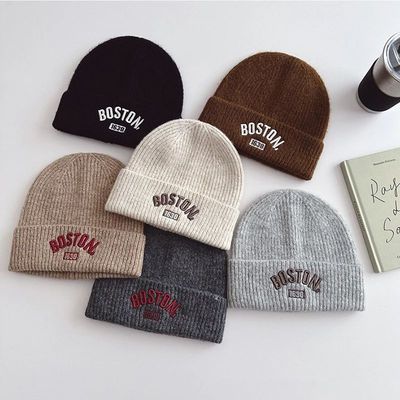 Letter Embroidered Kids Beanie Cap Winter Warm Knitted Wool