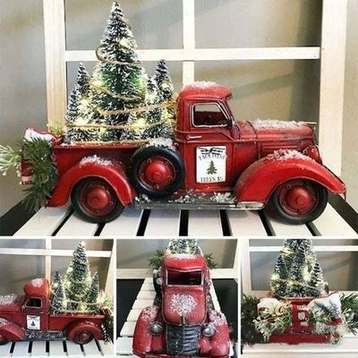 Christmas Retro Red Truck Ornaments Metal Car With Mini Gree