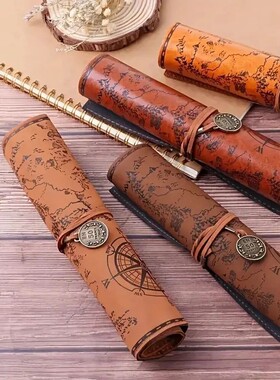 Vintage Treasure Map Pencil Case, Leather Roll-Up Pouch w/ E