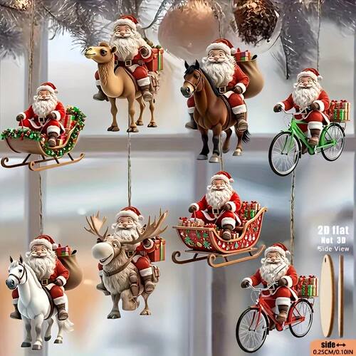 8pcs Different Riding Tools 2D Flat Santa Claus Wooden Ornam